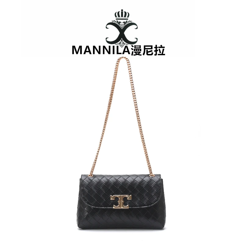 MANNILA/漫尼拉单肩小香风时尚百搭女士黑色编织菱格肩包5719