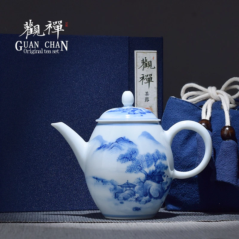 景德镇青花瓷手绘茶壶釉下彩手工山水单壶中式泡茶壶复古小茶壶