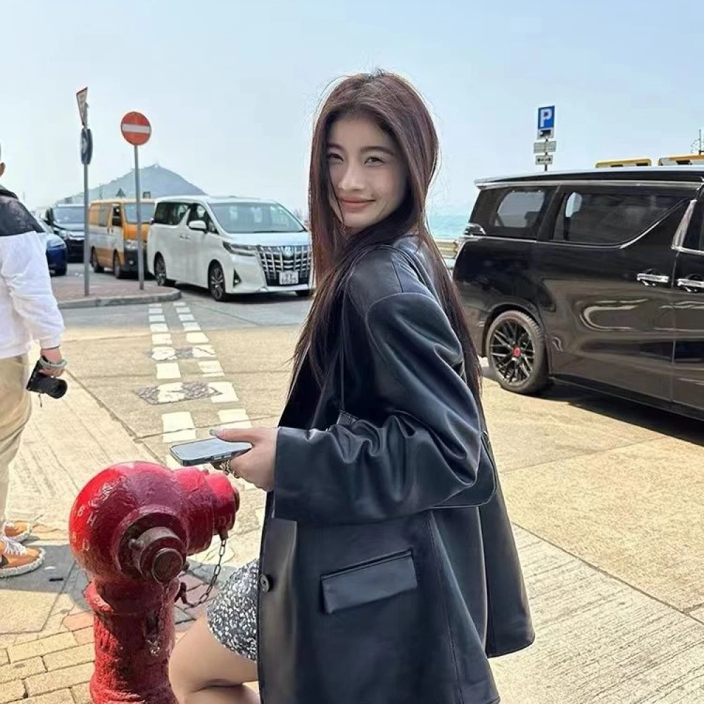 韩版2025春秋新款复古高级感PU皮西装百搭皮衣外套女时尚宽松潮