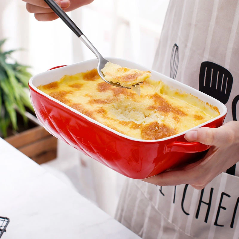 釉下彩中国红创意双耳防烫沙拉碗烤碗烘培烤盘家用陶瓷烤盘烤碗