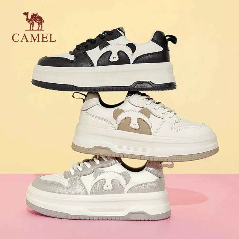 骆驼女鞋2024秋季新款运动板鞋女款熊猫黑白面包鞋厚底百搭小白鞋