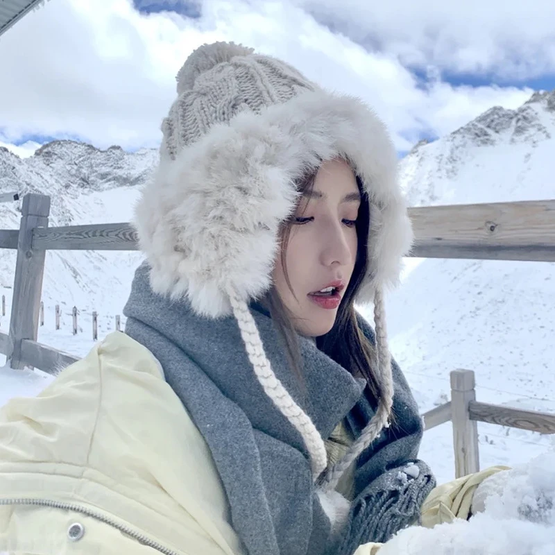 兔毛雷锋针织帽女秋冬毛线帽甜美毛球护耳加绒防寒保暖帽子送女友