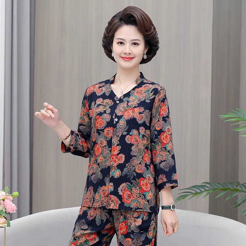 妈妈夏棉绸七分袖开衫套装中老年女家居服大码外穿上衣加裤子2023