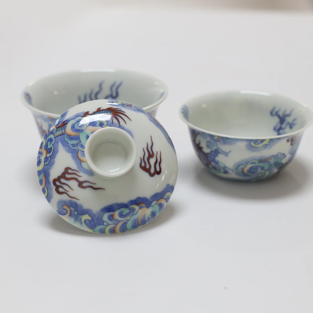 青花斗彩柴窑龙纹大口双龙盖碗主人杯手工创意陶瓷