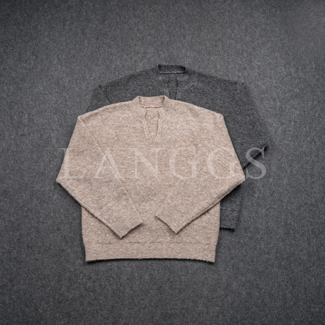 LANGGS&木子里 秋冬美拉德棕色慵懒松弛V领男士圈圈纱毛衣-FW4479