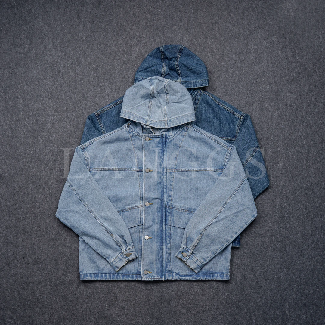 LANGGS&木子里 秋季男款牛仔连帽纽扣外套口袋版-WM23517