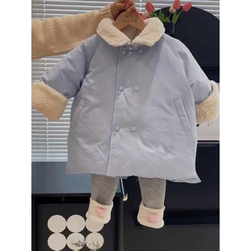 巴拉新品韩版童装女童棉服外套冬季新款女宝宝夹棉保暖翻领蓝色棉