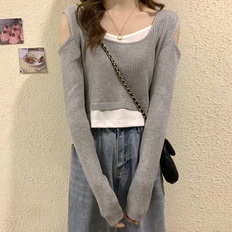 DL##辣妹短款上衣女春装2024新款春秋设计感T恤假两件露肩长袖打