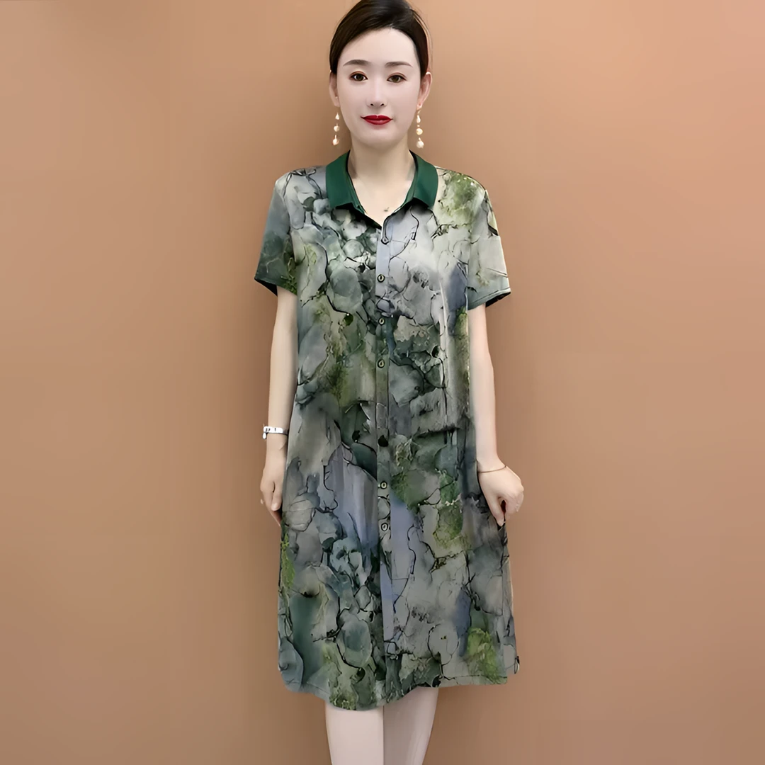 2024新款夏款连衣裙翻领百搭超仙国风花色妈妈装大码宽松显瘦女装