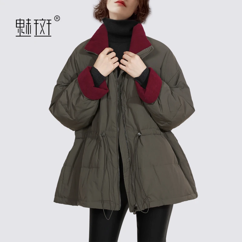 魅斑撞色拼接立领抽绳收腰羽绒服女2025冬季工装风保暖外套女