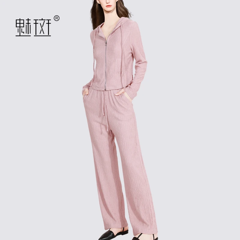 魅斑卫衣连帽上衣阔腿裤两件套女2024秋季肌理纹运动套装裤女