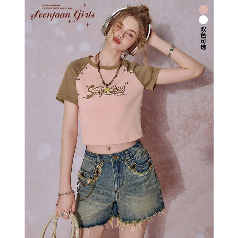 【金拐子专享】SEENFAAN盛放夏季印花短袖插肩袖T恤女辣妹EST022