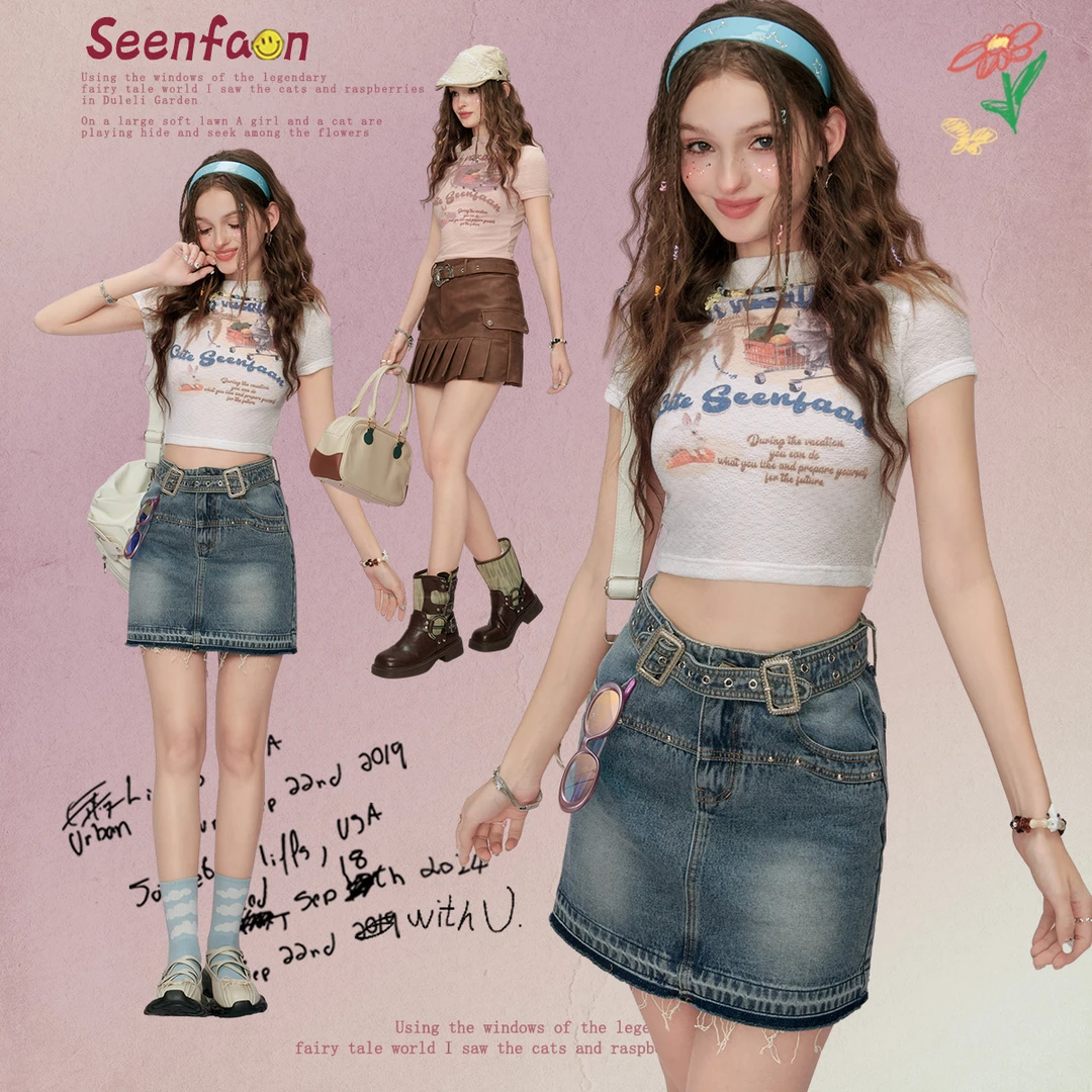 0109【金拐子专享】SEENFAAN盛放短款修身短袖打底衫T恤女EST013