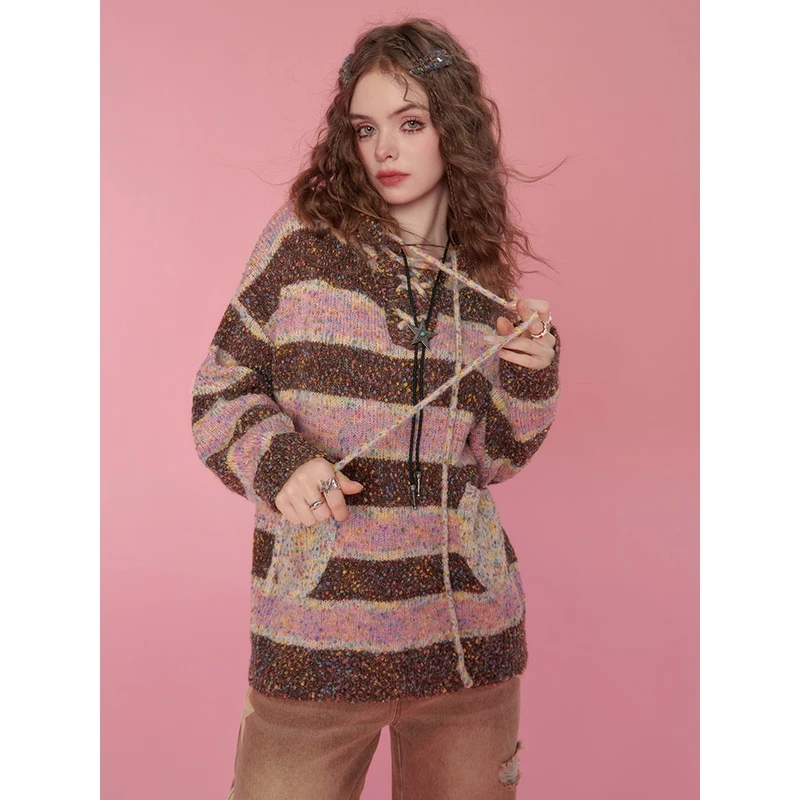 0007【金拐子专属】SEENFAAN盛放连帽毛衣条纹时尚长袖针织衫DSE001