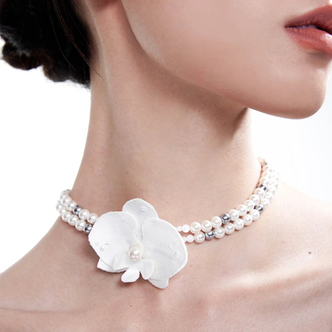 铜项链 浮U生物 暗夜兰花 原创白色蝴蝶兰珍珠项链手工醋酸花