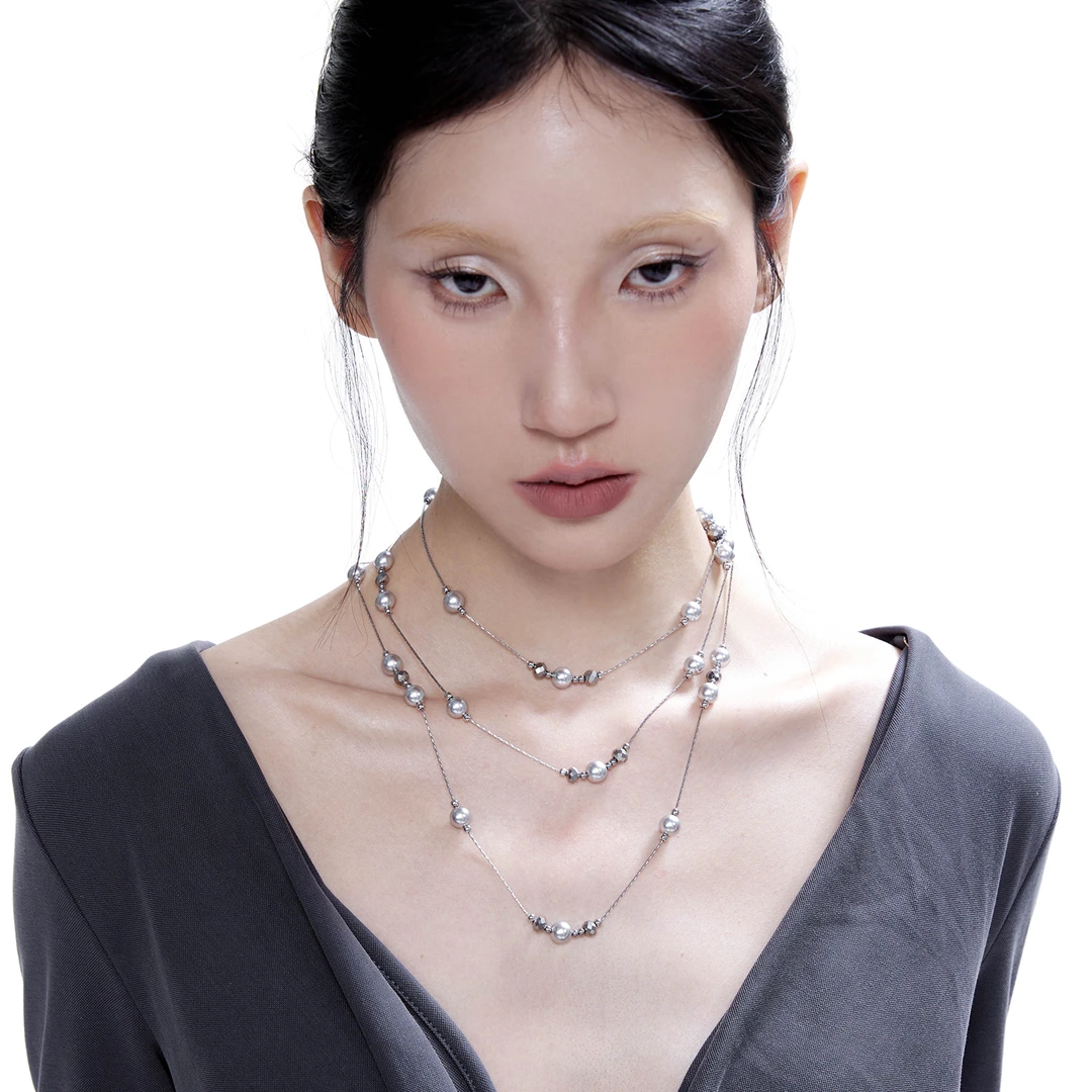 铜项链 浮U生物 破碎都市原创银灰色珍珠满天星颈链长款项链