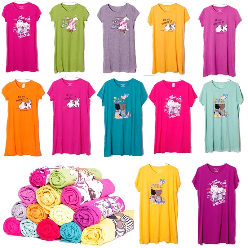 尾单家居舒适短袖针织睡裙瑕疵大码夏季宽松印花圆领女简约