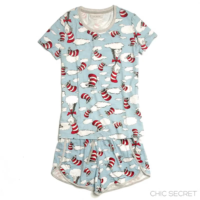 夏季短袖上衣短裤睡衣弹力莱卡棉全棉甜美可爱女士家居服套装柔软