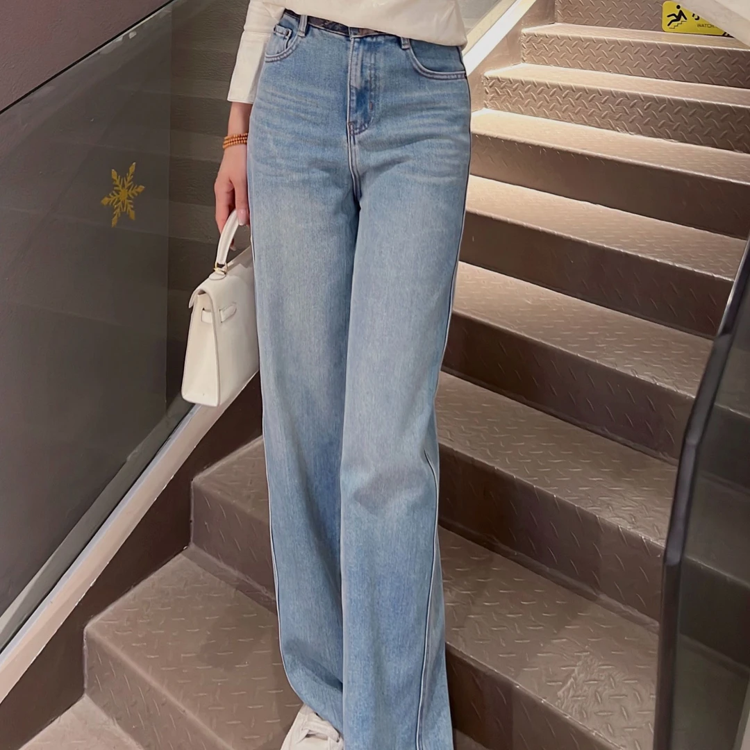 《ELFBOX》时尚蓝色百搭显瘦设计感小众直筒宽松长款牛仔裤33273