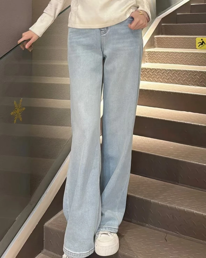 《ELFBOX》时尚蓝色百搭显瘦设计感小众直筒加绒长款牛仔裤 32151