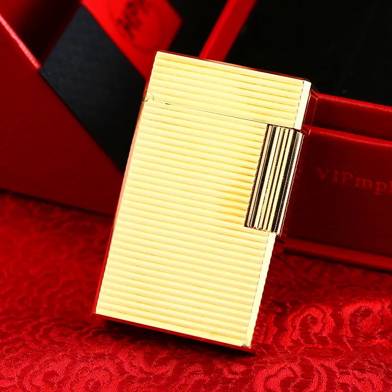 Dupont充气打火机带皮套镀金横条纹L1大号 20u男士复古