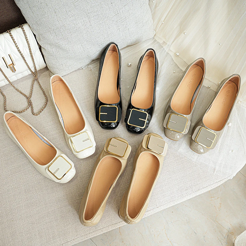 气质中跟方扣夏季百搭粗跟方头浅口跟鞋软底真皮女鞋