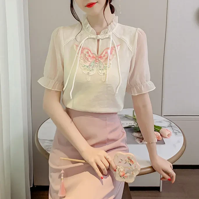 国风衬衫女刺绣短袖上衣蝴蝶绣花2024夏季新款薄减龄雪纺打底小衫