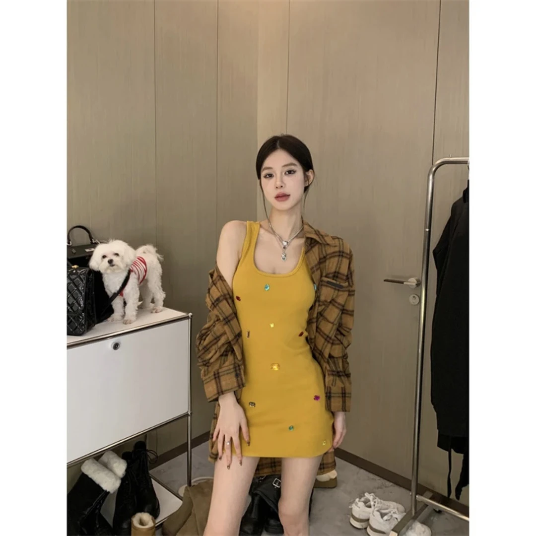 2024新款格子衬衣~设计感修身显瘦背心连衣裙