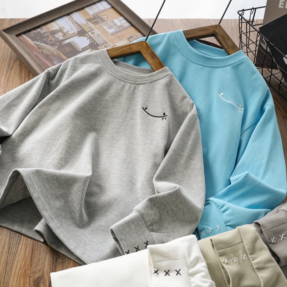 男童儿童春秋新款笑脸刺绣长袖T恤中大童内搭休闲打底衫80136