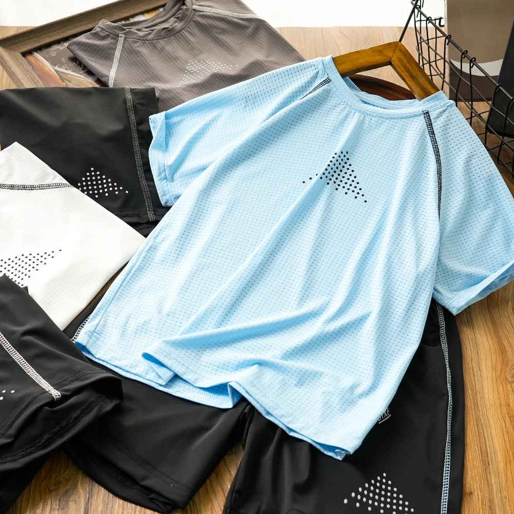 男童儿童夏季新款拼接网眼速干短袖套装中大童冰感两件套26851