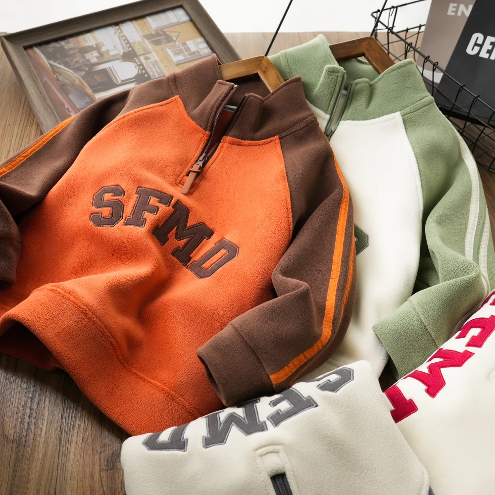 秋冬儿童双面绒拼色开领卫衣保暖字母刺绣中大童上衣百搭24D17