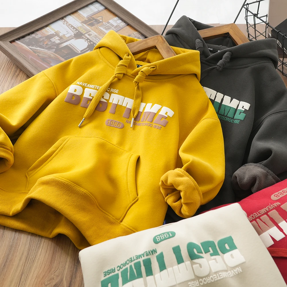 儿童男童秋冬新款字母印花连帽加绒卫衣中大童休闲百搭上衣5256