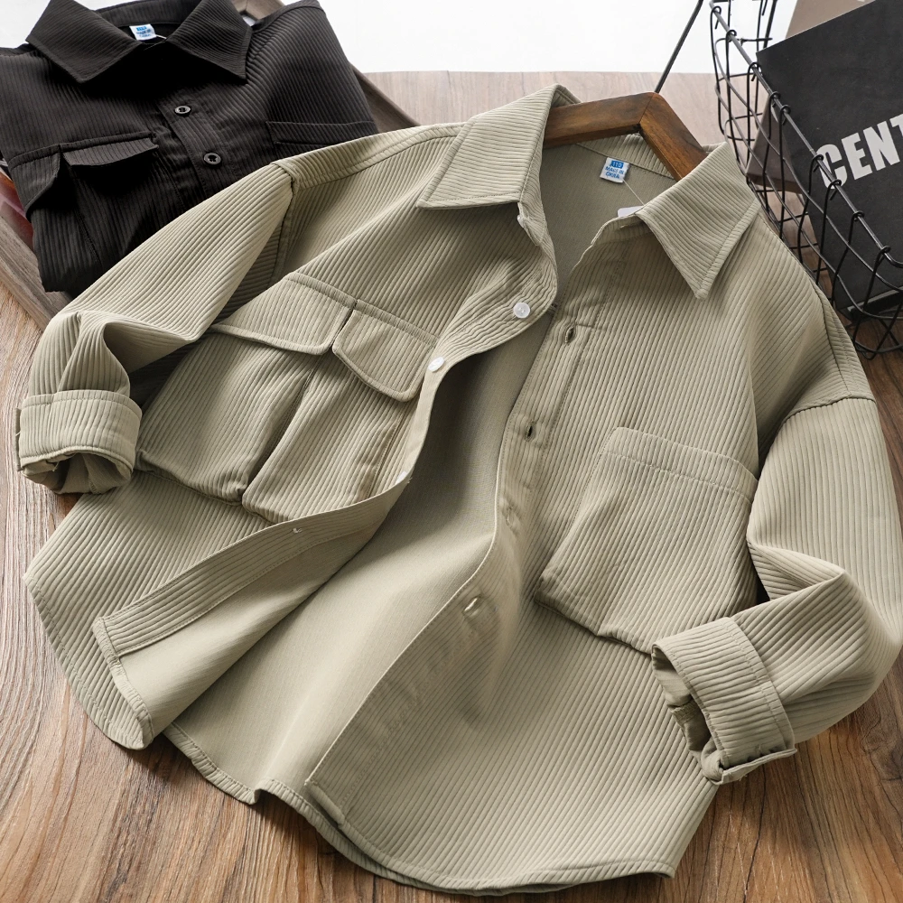 儿童男童春秋新款口袋竖纹工装衬衫中大童翻领休闲百搭5224