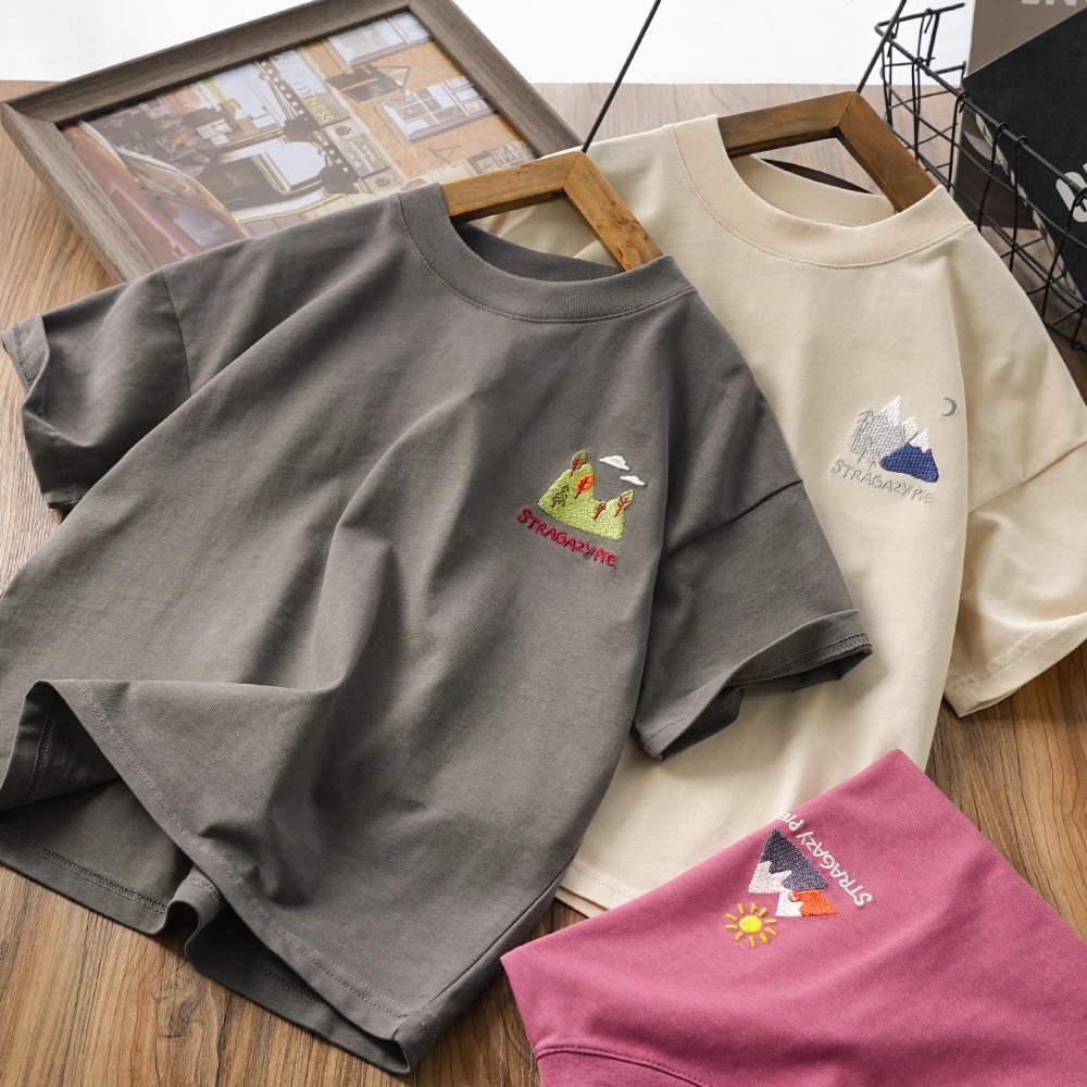 儿童男童夏季新款字母山林刺绣简约短袖T恤中大童百搭洋气2024053