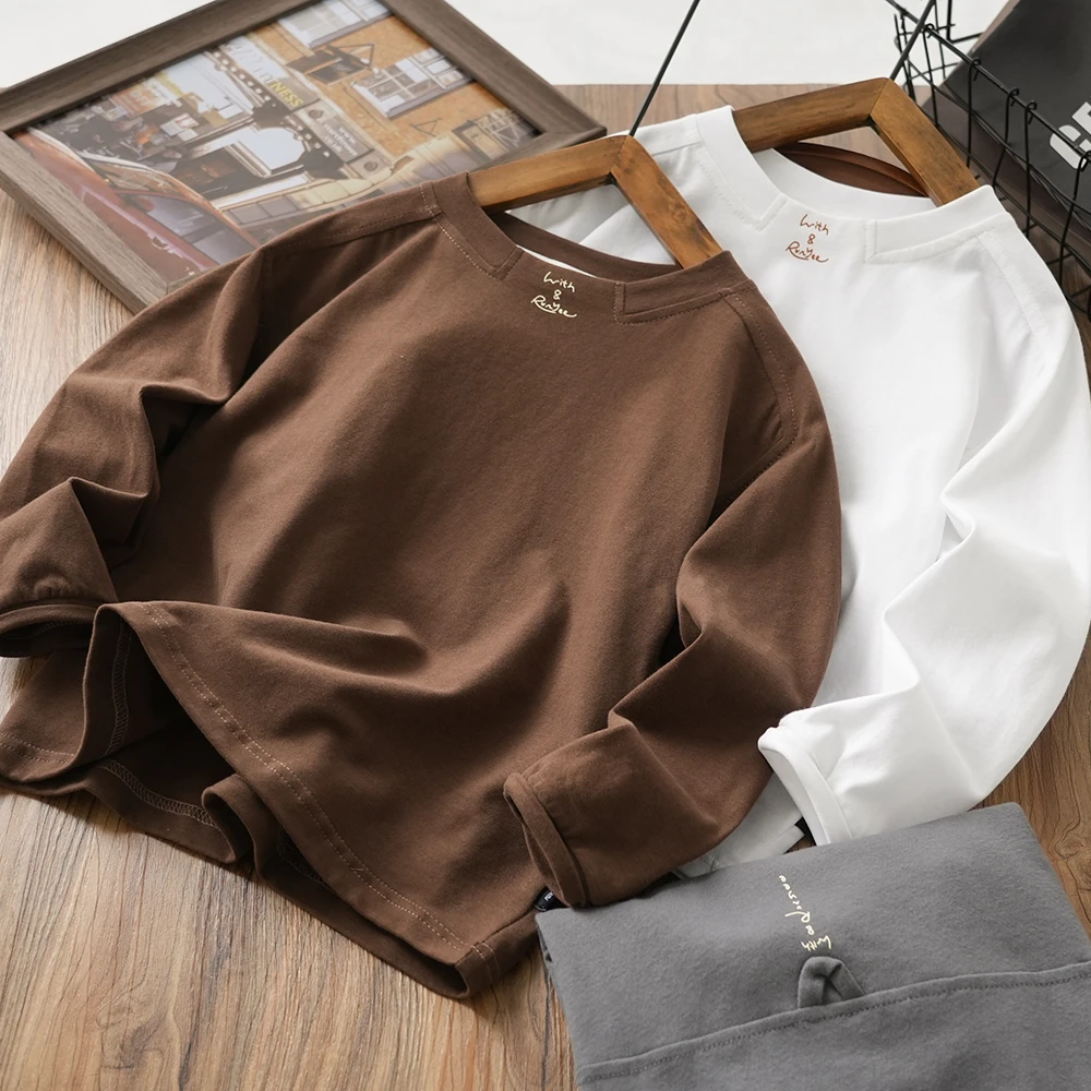 男童儿童春秋新款字母领拼接长袖T恤中大童圆领简约百搭打底衫