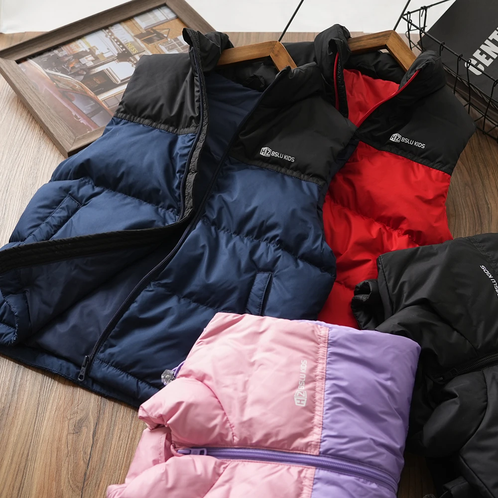 男童儿童秋冬新款字母撞色口袋羽绒马甲中大童拉链衫无袖F2389