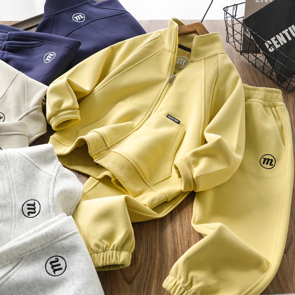 儿童男童春秋新款m刺绣拼接口袋拉链外套套装中大童两件套26131