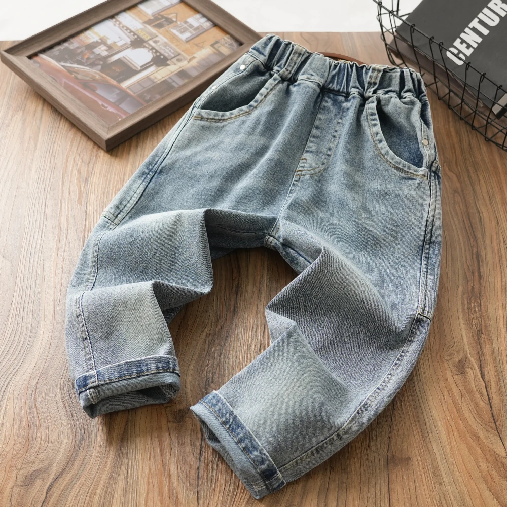 儿童男童春秋新款字母贴布休闲牛仔裤中大童百搭洋气裤子