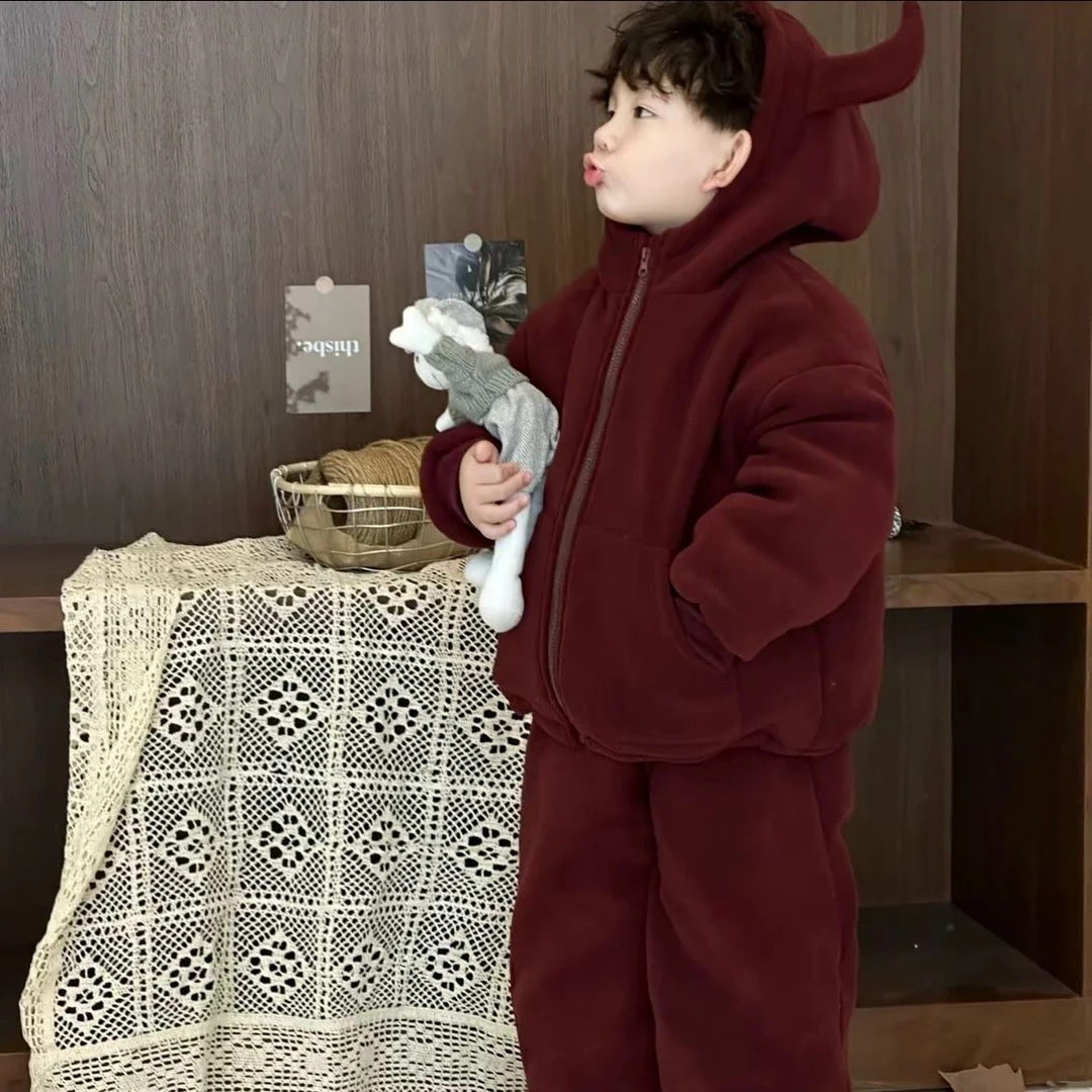 儿童冬季加绒加厚新款连帽套装小恶魔纯色连帽两件套潮流爆款酷帅