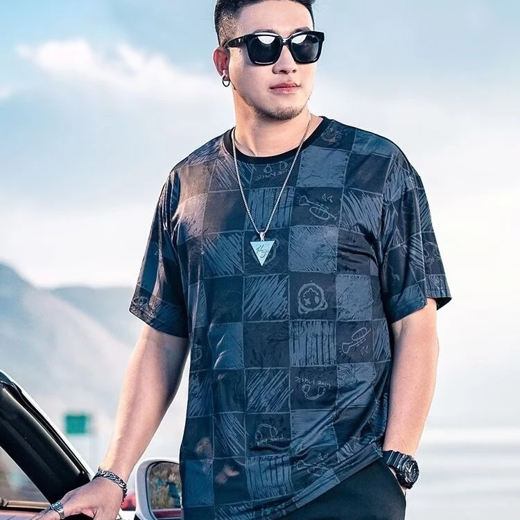 潮牌胖子大码300斤男装个性加肥加大百搭宽松圆领冰丝短袖T恤上衣