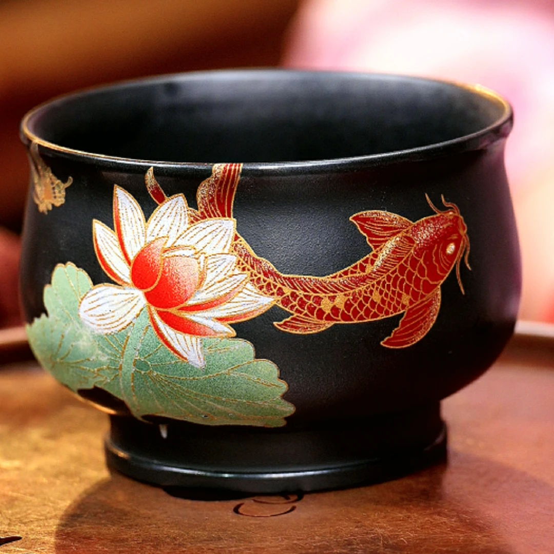 y095石黄宜兴原矿荷花鲤鱼杯双色主人杯