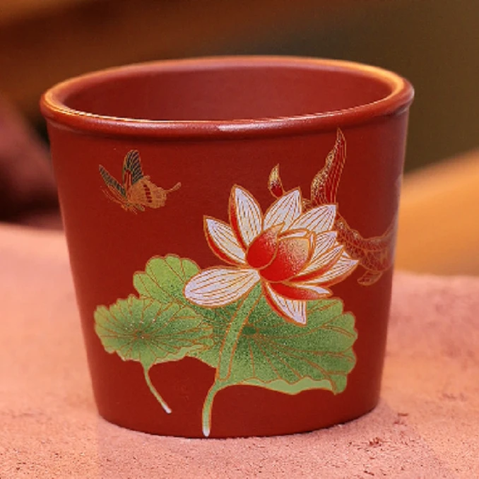 y0161荷花彩绘紫砂朱泥主人杯