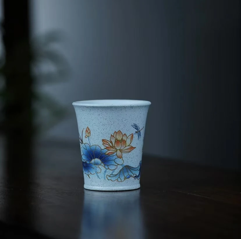 y0165海蓝泥荷塘清趣徐俊全手工紫砂主人杯