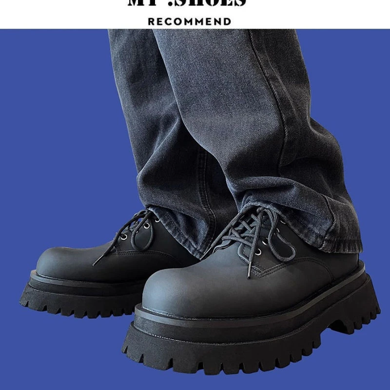 增高5CM大头皮鞋男德比鞋潮鞋复古小众高级感厚底机能圆头厚底鞋