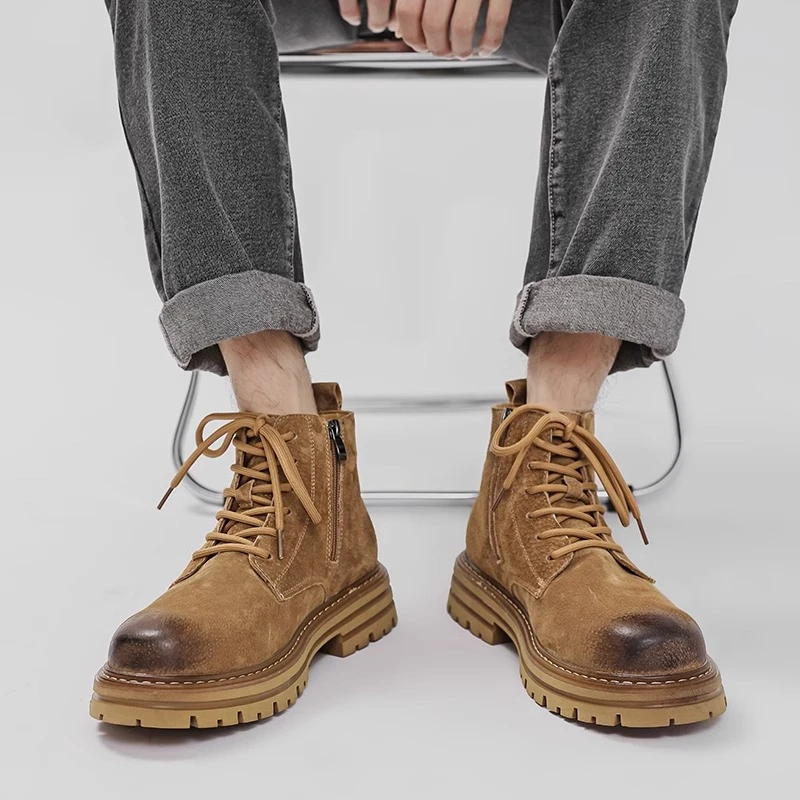 马丁靴男2023新款春秋款高帮靴子男生大黄靴英伦风中帮冬季加绒