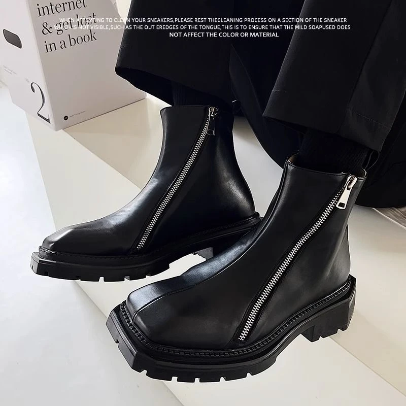 英伦小众设计靴子男百搭方头马丁靴厚底平头切尔西高帮皮鞋vibe