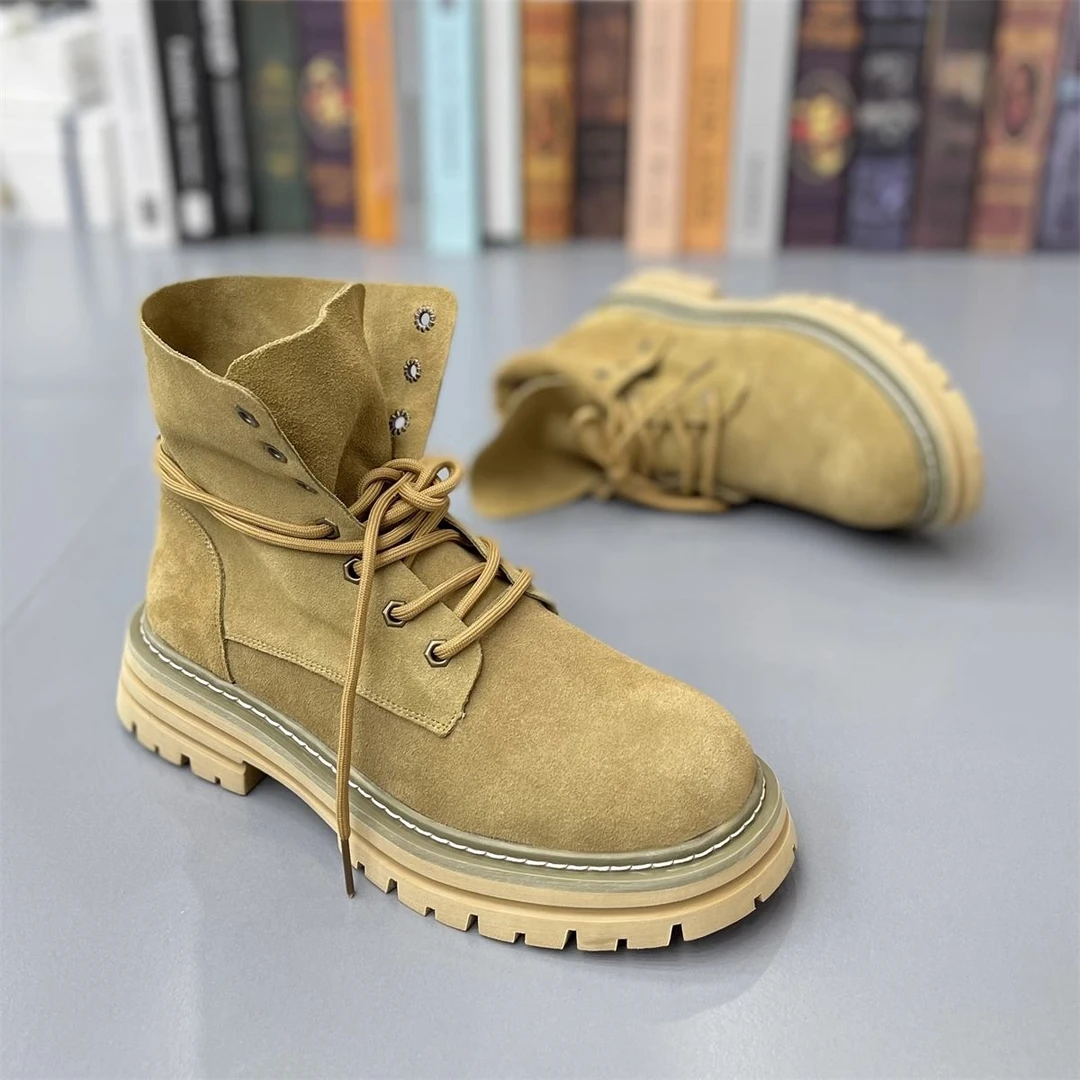 男士高帮翻毛皮马丁靴男款百搭系带大黄靴女款潮流厚底男靴英伦风