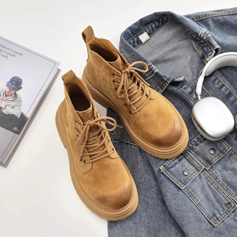 大黄靴厚底户外马丁靴冬季加绒登山靴潮款沙漠靴休闲工装靴男增高