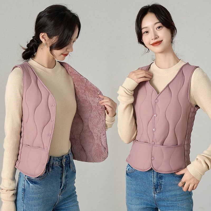 秋冬新款加绒棉马夹女士内穿贴身保暖加厚百搭短款修身中老年背心