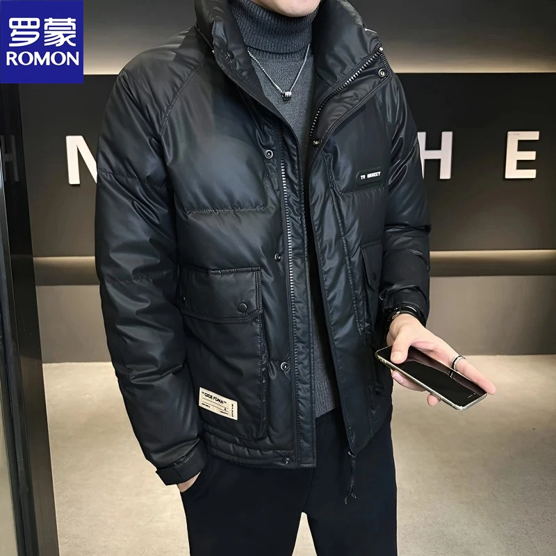 Romon/罗蒙棉服男士冬季新款时尚韩版潮流帅气短款保暖丝绒外套